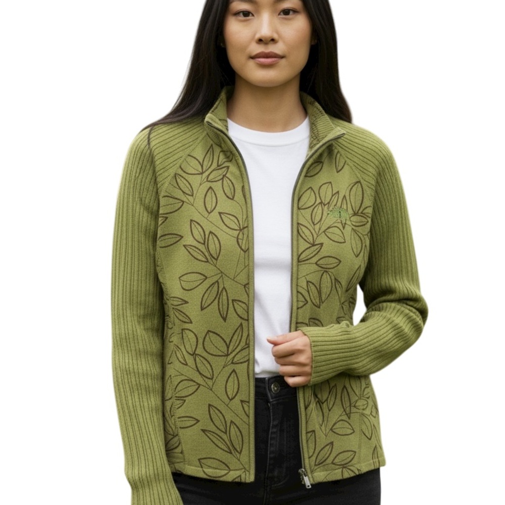 The North Face Lime Green Leaves Branches, Zip Up L/S Small Sweater Cardigan Top